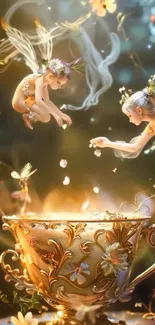 Whimsical fairies around a golden teacup in a fantasy setting.