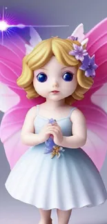 Cute fairy doll with pink wings and flowers in a magical setting.