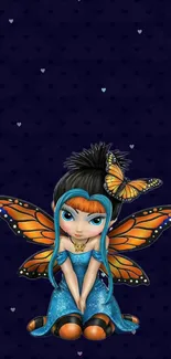 Magical fairy with vibrant orange wings and butterfly on a dark blue background.