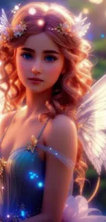 Fairy with wings surrounded by magical light in a lush setting.