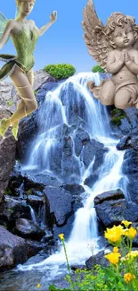 Fairy and angel near a beautiful waterfall with vibrant flowers.