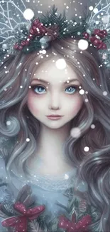 A fairy with delicate features in a dreamy winter landscape.