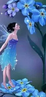 Ethereal fairy with blue flowers, creating a magical and dreamy scene.