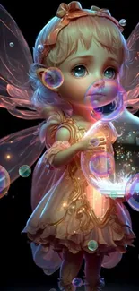 Whimsical fairy blowing bubbles in vibrant colors.