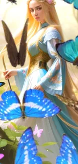 Mystical fairy with blue butterflies in a serene forest.