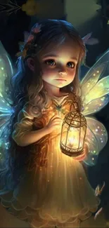 Fantasy fairy holding a glowing lantern in a forest.