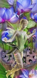 Mystical fairy dancing among colorful lotus flowers.