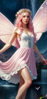 Pink winged fairy in a magical forest scenery.