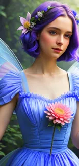 A fairy with purple hair in a magical forest setting.