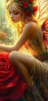 A beautiful fairy with wings surrounded by red roses in a magical setting.