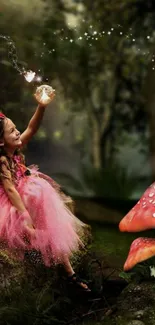 Fantasy fairy in pink dress with mushrooms in enchanted forest.