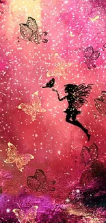 Fairy silhouette amidst butterflies in a magical pink forest wallpaper.