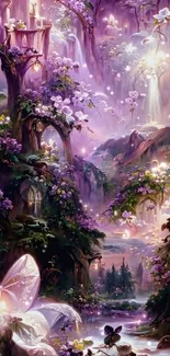 Ethereal fairyland with glowing flowers and waterfalls in a magical landscape.