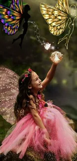 Young girl in pink dress with colorful fairies in a magical forest setting.