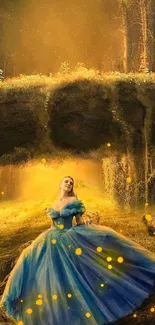 Princess in a blue gown in a golden woodland setting with magical ambiance.