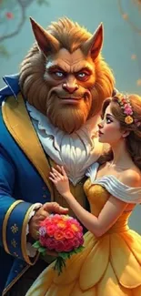Enchanting fairytale scene with beast and princess in vibrant colors.