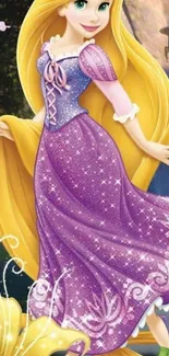 Enchanting fairytale wallpaper with a princess in a purple dress.