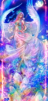 Ethereal angel surrounded by vibrant colors and crystals in a fantasy setting.