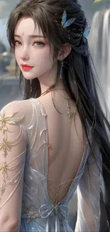 Fantasy art of a mystical woman with dark hair and a serene waterfall background.