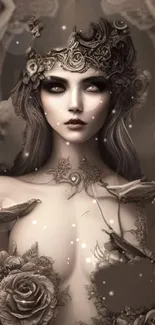 Mystical figure in sepia fantasy art with floral and organic elements.