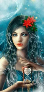 Enchanting woman with hourglass in fantasy art wallpaper.