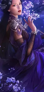 Mystical sorceress in purple with blossoms, fantasy art mobile wallpaper.