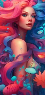 Fantasy art of a colorful woman with flowing hair and magical elements.