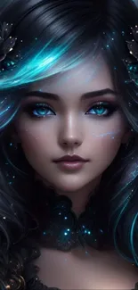 Fantasy art wallpaper featuring a woman with glowing blue hair and captivating eyes.