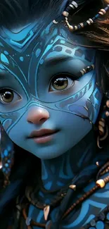 Fantasy blue character with intricate patterns and braids.