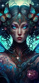 Fantasy art wallpaper with mystical woman and butterflies.