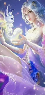 Ethereal fantasy art with a mystical maiden and a glowing creature in a lavender setting.