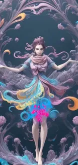 Mystical figure with vibrant swirls in fantasy art wallpaper.