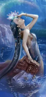 Mystical goddess in serene blue fantasy art by a flowing river.