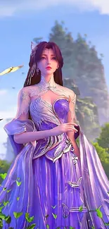 Enchanting fantasy character in purple dress with serene background.