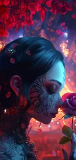 Woman with floral tattoos in a colorful fantasy scene