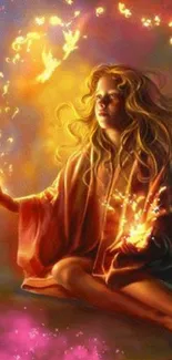 Mystical woman with floating golden flames in fantasy artwork.