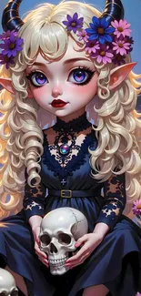 Whimsical fantasy character holding a skull in vibrant colors.