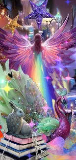 Colorful fantasy art with an angel and mystical creatures.