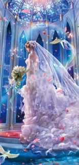 Magical bridal scene in a fantasy setting with doves and flowers.