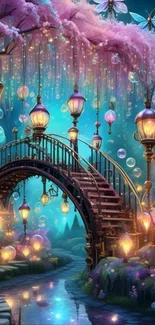 Magical fantasy bridge with glowing lanterns and colorful bubbles.