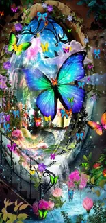 Fantasy wallpaper with vibrant butterflies and a dreamy waterfall scene.