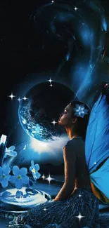 Ethereal girl with blue butterfly wings under a starry night sky.