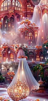 Fantasy castle with flowers and glowing lights on a dreamy night scene.