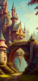 An illustrated fantasy castle surrounded by lush greenery under a vibrant sky.