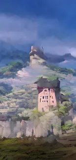 Fantasy castle art with a lush, hilly landscape under a dreamy blue sky.