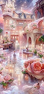 Enchanting fantasy castle with pink floral design wallpaper.