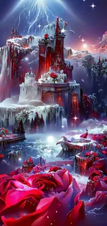 Fantasy wallpaper with castle and roses in a dreamlike icy scene.