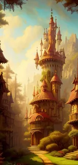 Enchanting fantasy castle with mystical towers and lush surroundings.