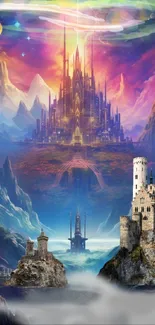 Colorful fantasy castle scene with mystical skies and towers.