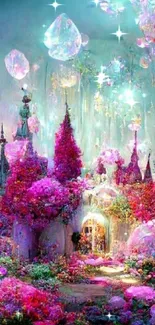 Dreamlike fantasy castle with glowing crystals.